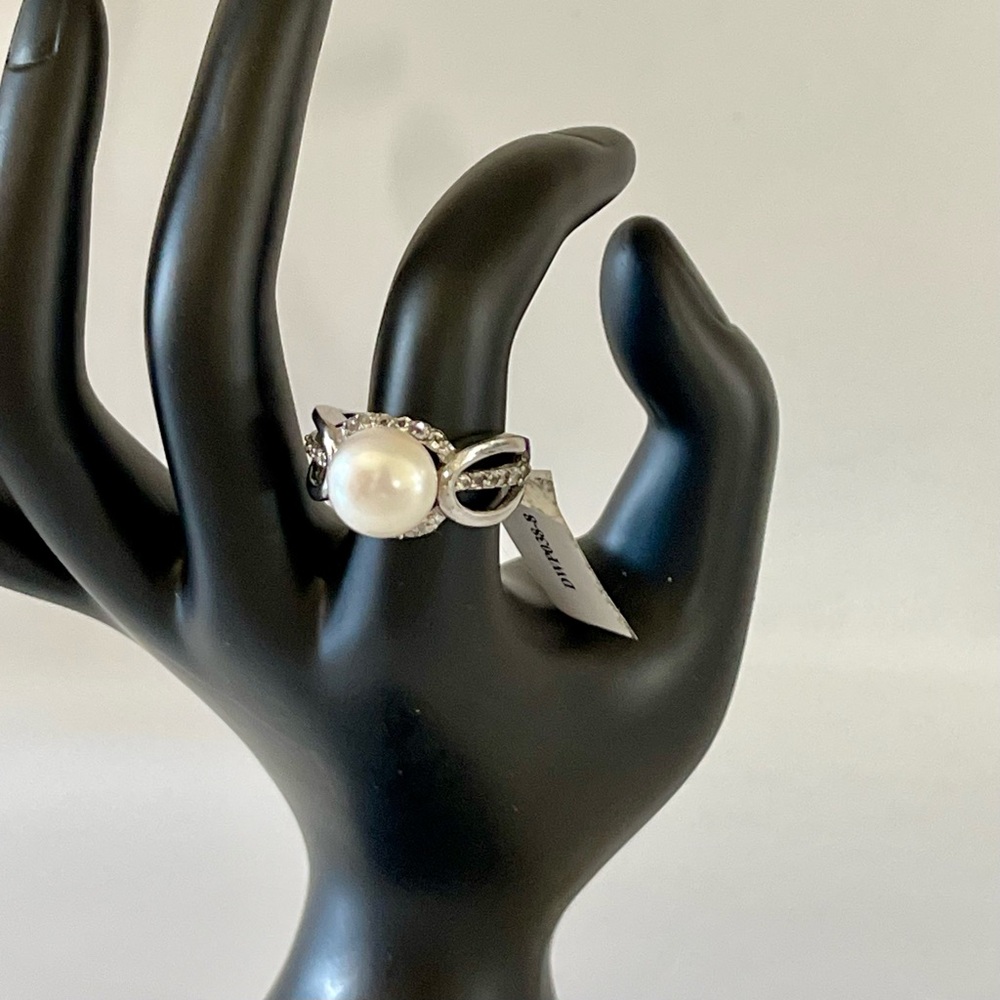 925 Sterling Silver, Fresh Water Pearl & White Topaz Ring Sz 8 - Picture 5 of 11